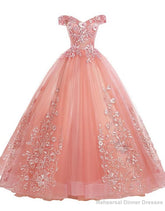 Pink Lace Flower Off Shoulder Sweet 16 Dress, Pink Long Prom Dresses Quinceaner Dress
